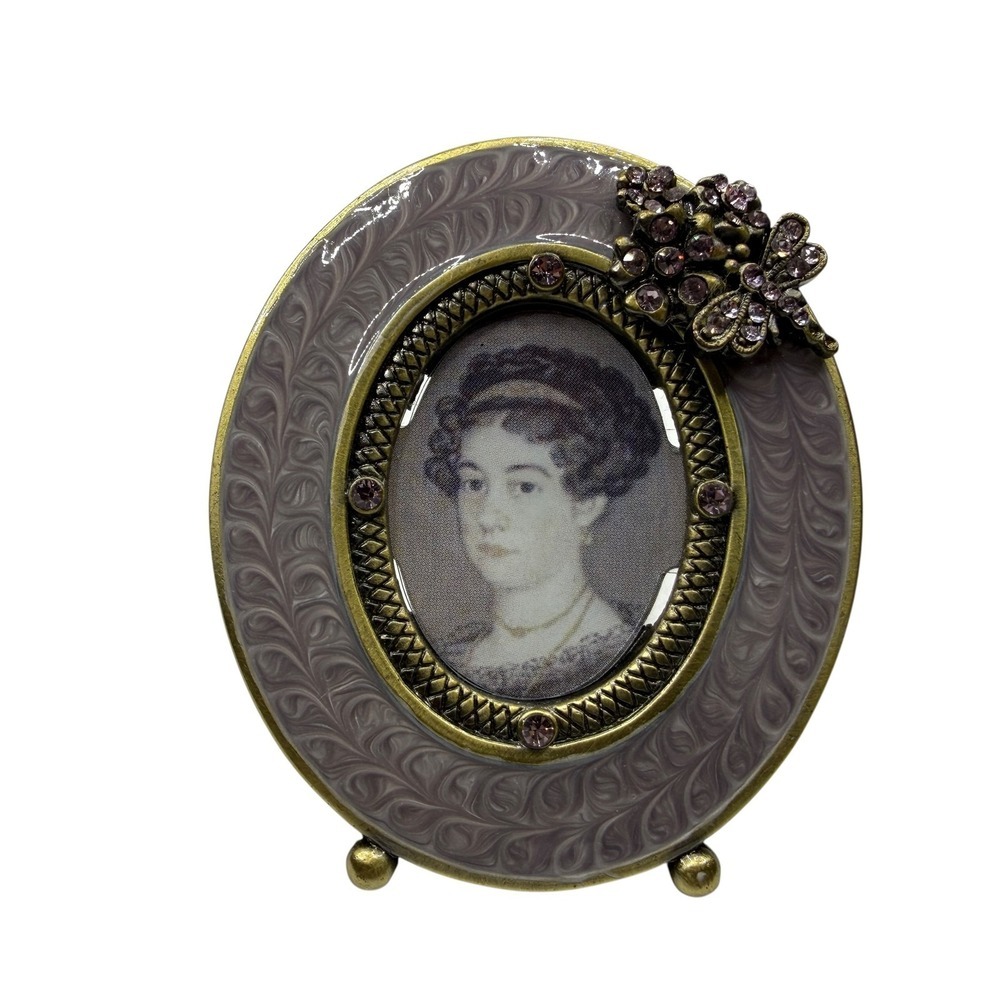 Two's Company Oval Picture Frame Purple Enamel Gold Tone Rhinestone Butterfly